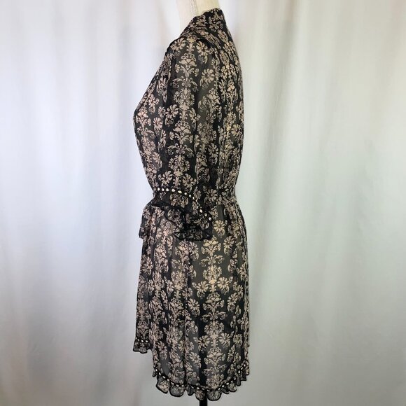 Forever 21 Robe Size S Baroque Pattern Black Tan Ribbon Ruffle Hem Elbow Sleeves - Picture 2 of 10